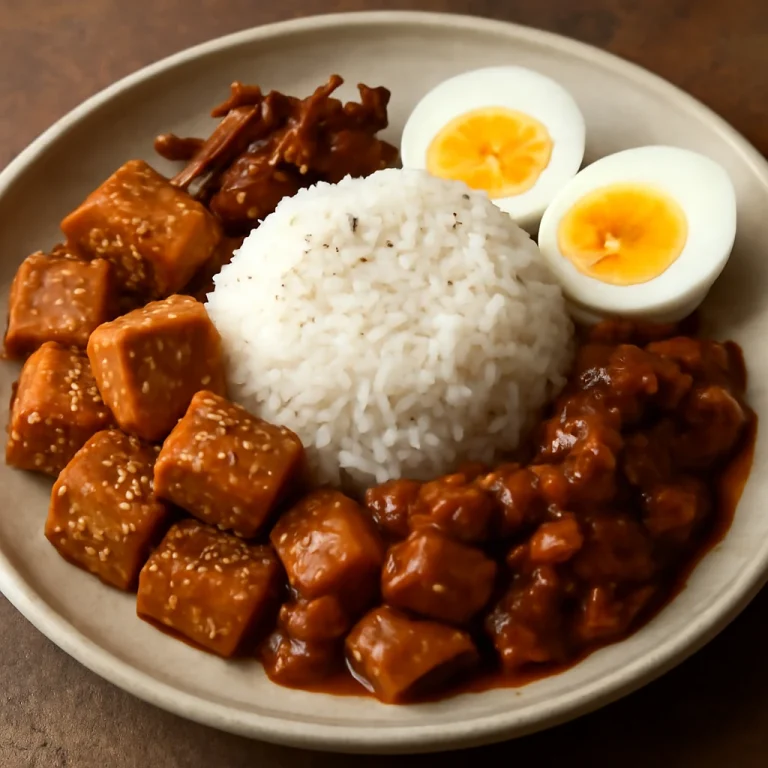 Nasi lemak tofuval, gazdag maláj étel szójaszószos ananásszal és tojással