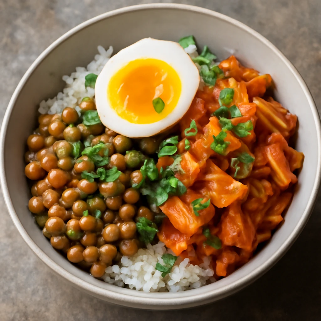 Nattó, kimchi és lágy tojás, korianderrel tálalva