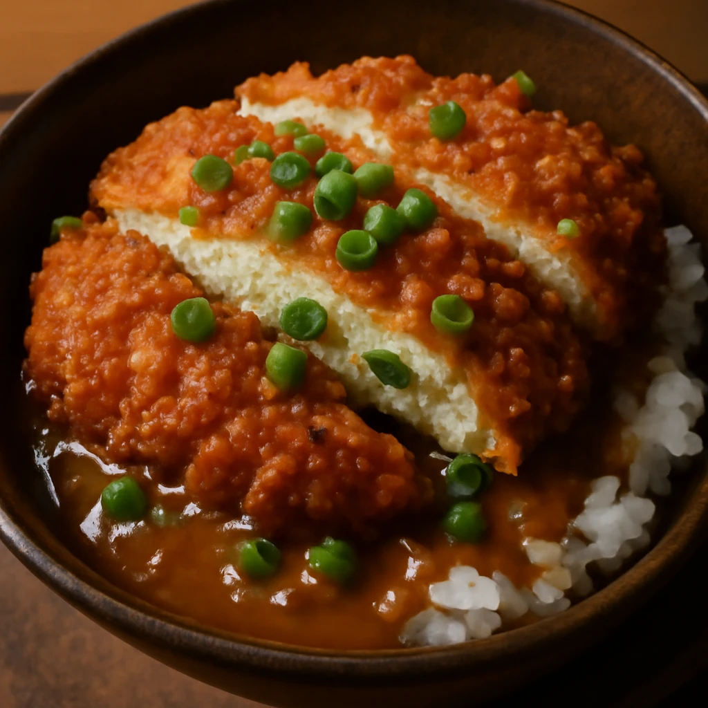 Japán katsudon miso töltelékkel és zöldhagymával