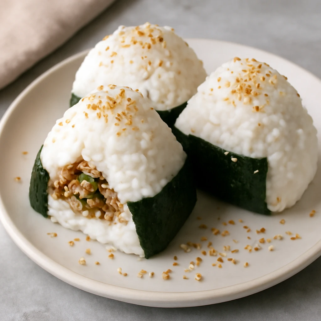 Onigiri zöldhagyma és miso töltelékkel, nori algával és szezámmal