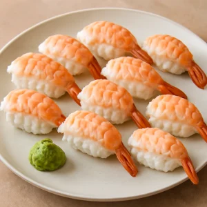 Japán nigiri, garnélával, rizsborral és wasabival díszítve