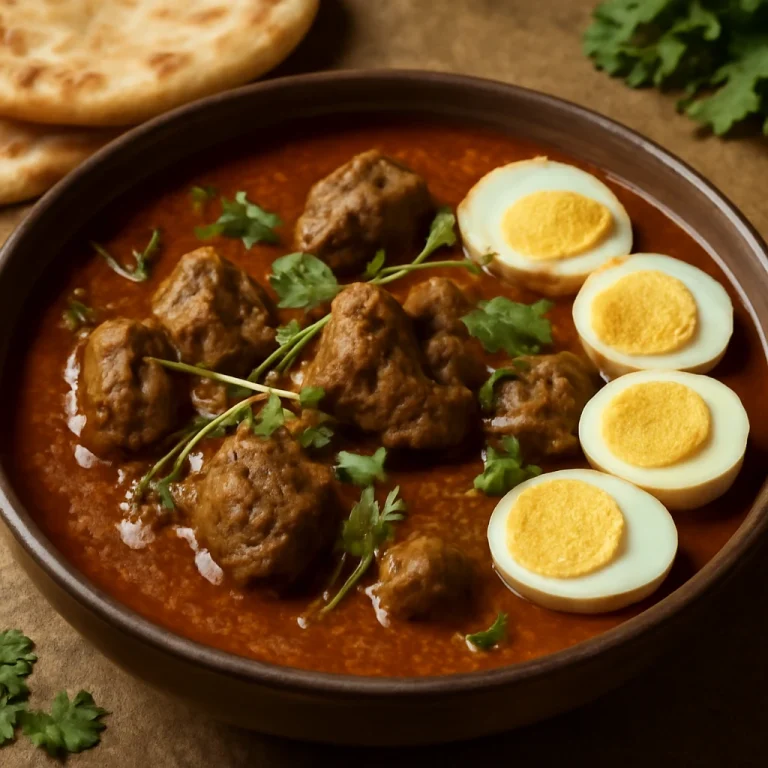 Nihari bárányhússal tálalva főtt tojással és friss korianderrel
