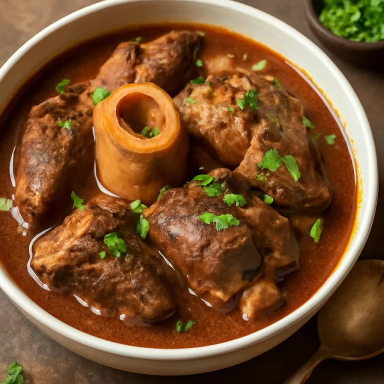 Nihari nallival, gazdag csontvelővel és fűszeres húsdarabokkal tálalva