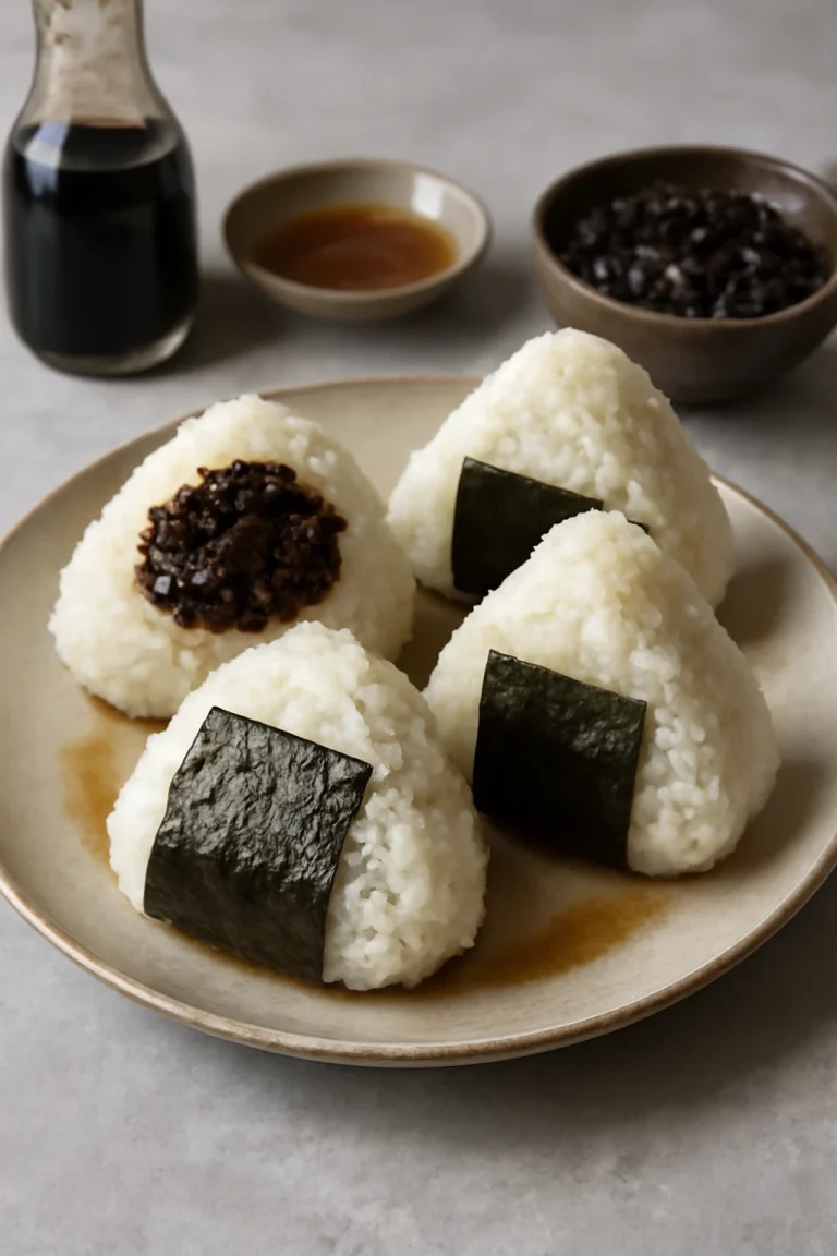 Nori tsukudani hínár szószban főzve töltelékű onigiri frissen tálalva