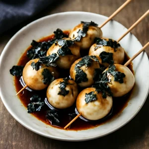 Japán dango golyók, szójaszószban és nori algával