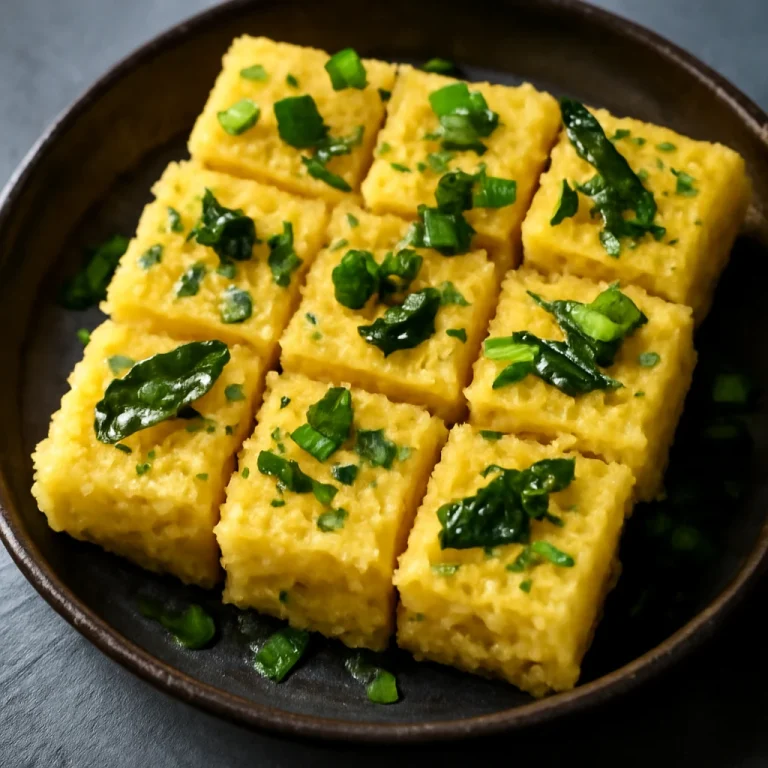 Nylon khaman dhokla, friss korianderrel és fűszeres temperálással tálalva