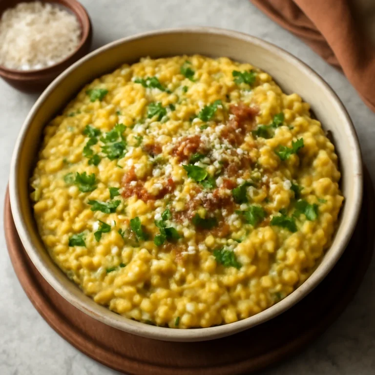 Oats Pongal zabpelyhes sárga lencsével, korianderrel és kókuszreszelékkel tálalva