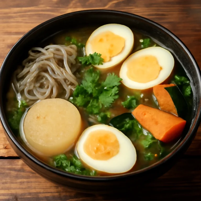 Oden konnyakuval, gazdag japán leves friss zöldségekkel és tojással tálalva