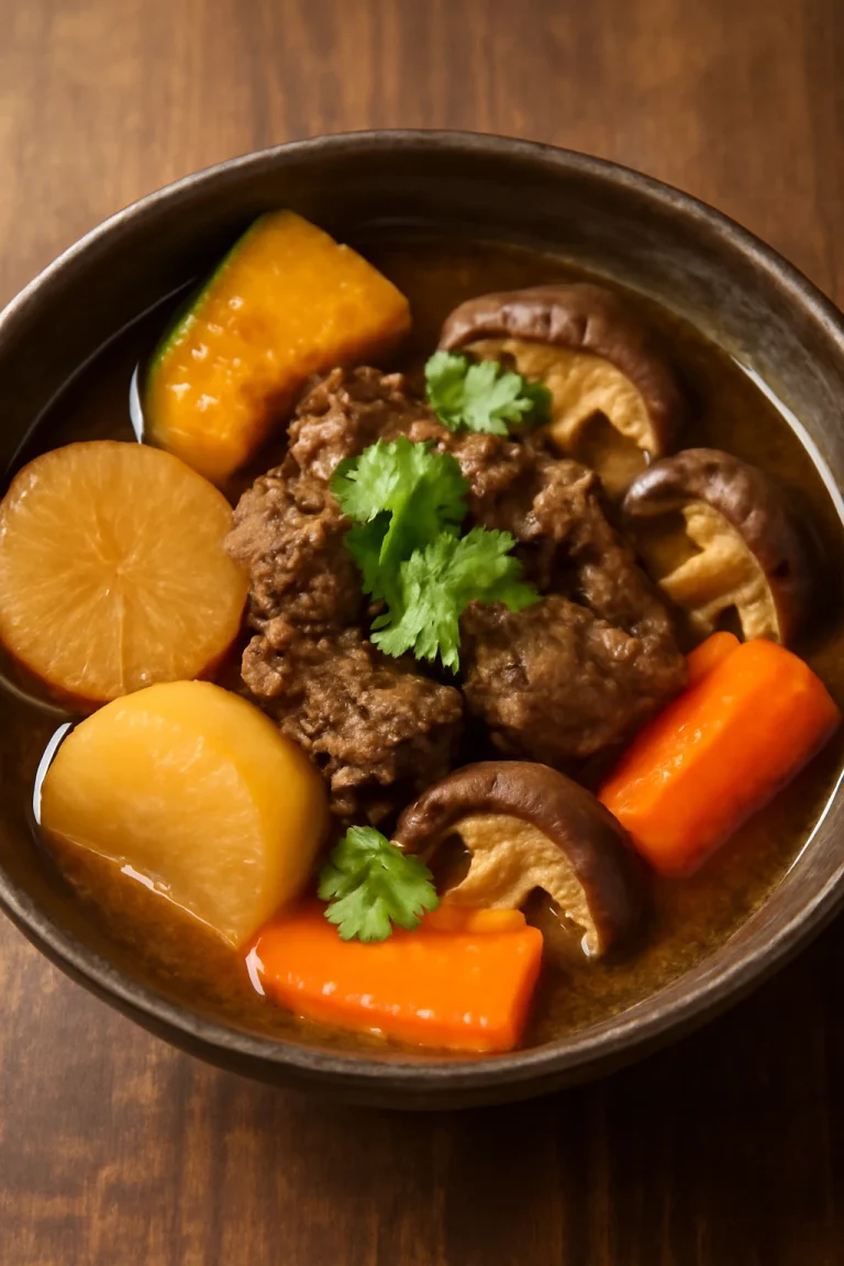 Oden marhahússal, gazdag japán leves zöldségekkel, korianderrel díszítve