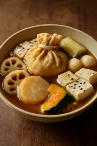 Ínycsiklandó japán oden leves mochi-val és kinchak-kal