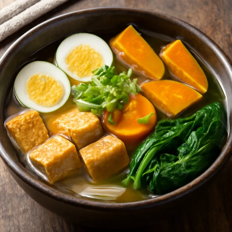 Oden tofuval, gazdag japán leves tofuval, tojással és spenóttal tálalva