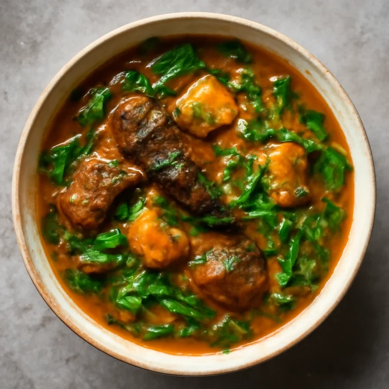Ogbono Soup pálmaolajjal, gazdag fűszeres leves húsokkal és friss spenóttal