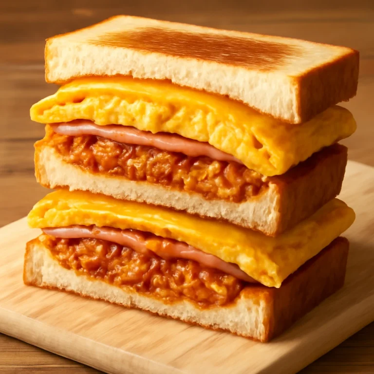 Omurice sando szendvics, aranybarna omlettel és sült rizssel, ropogós kenyérben