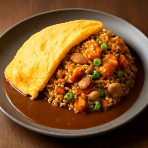Japán omurice curry omlettel és curry rizssel