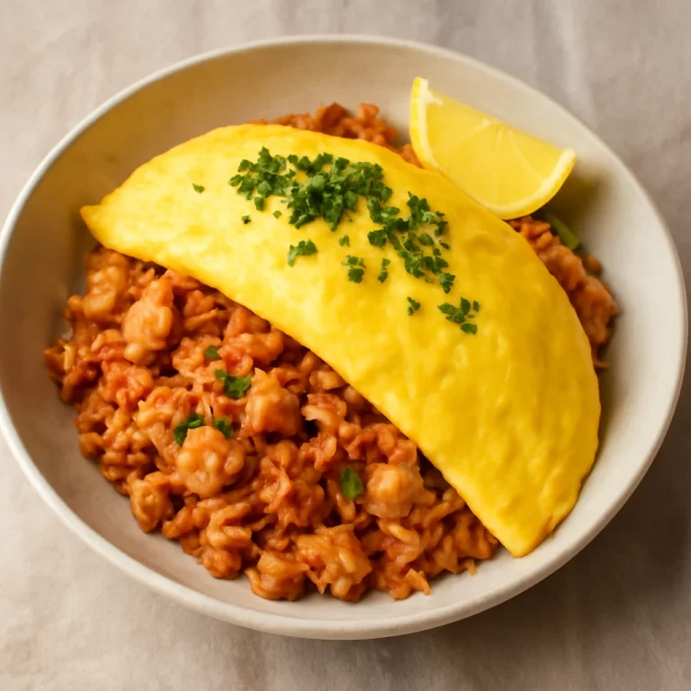 Omurice tál citrommal, omlettel és petrezselyemmel tálalva