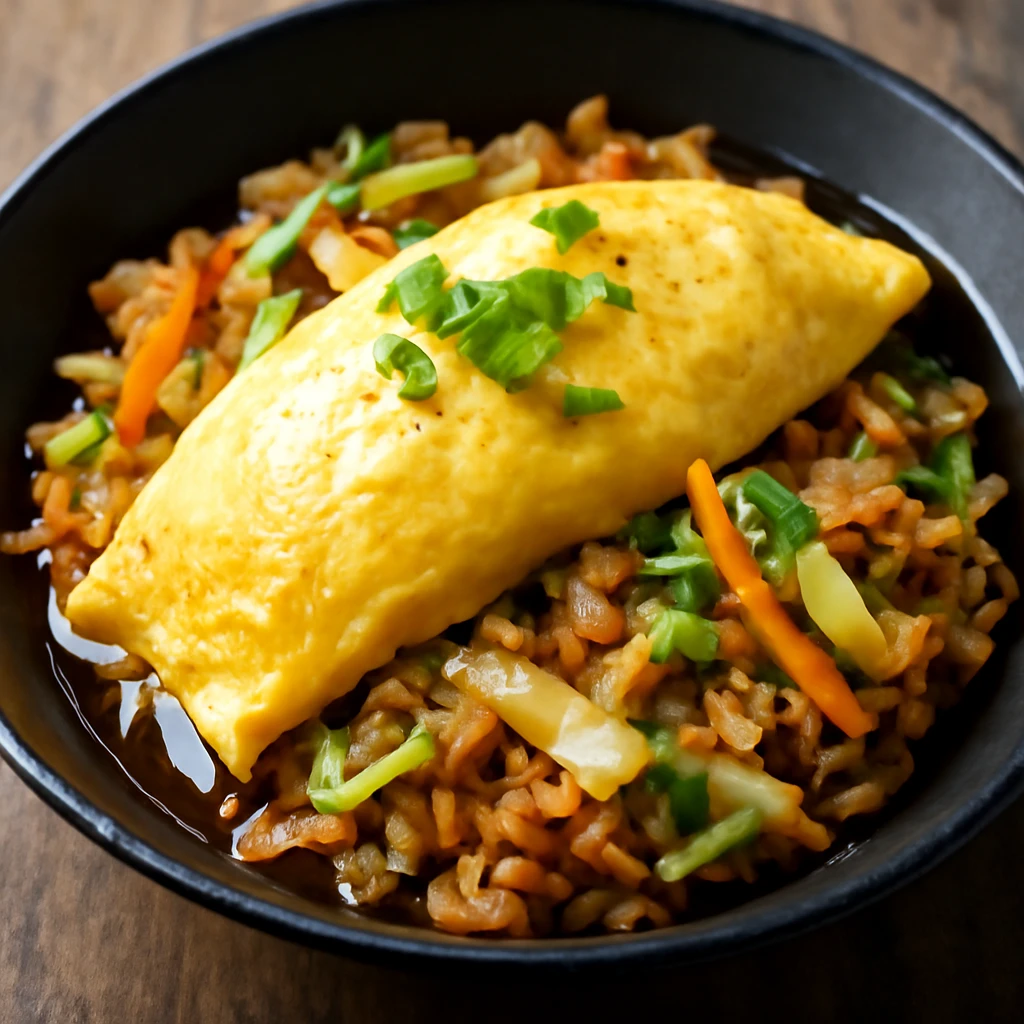 Japán omurice tojással, káposztával és friss zöldségekkel
