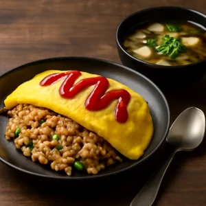 Finom japán Omurice tál miso levessel