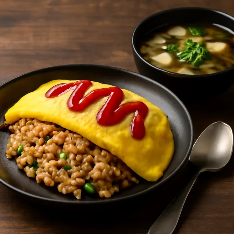 Omurice tál miso leves tálalva, omlettel és miso levessel