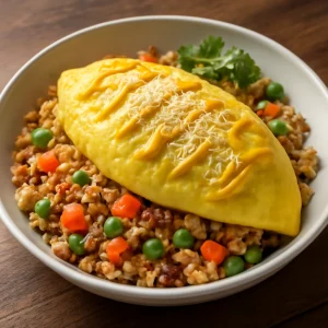 Frissen készült Omurice tál, mustárral és parmezán sajttal