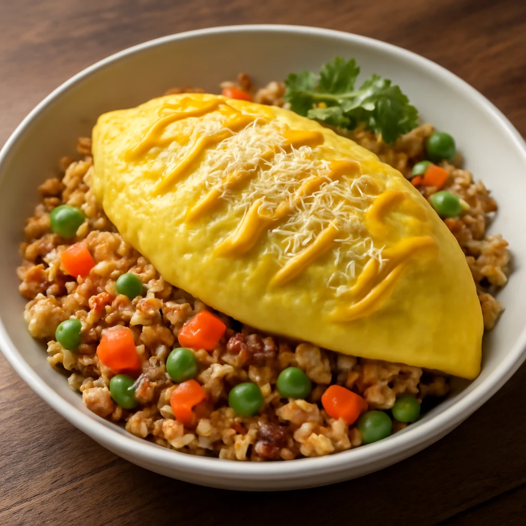Frissen készült Omurice tál, mustárral és parmezán sajttal