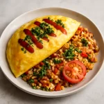 Omurice tál paradicsommal, egy finom japán étel tálalva