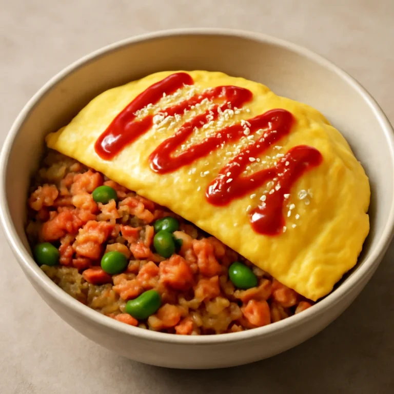 Omurice tál szezámmaggal, puha omlettel és fűszeres rizzsel.