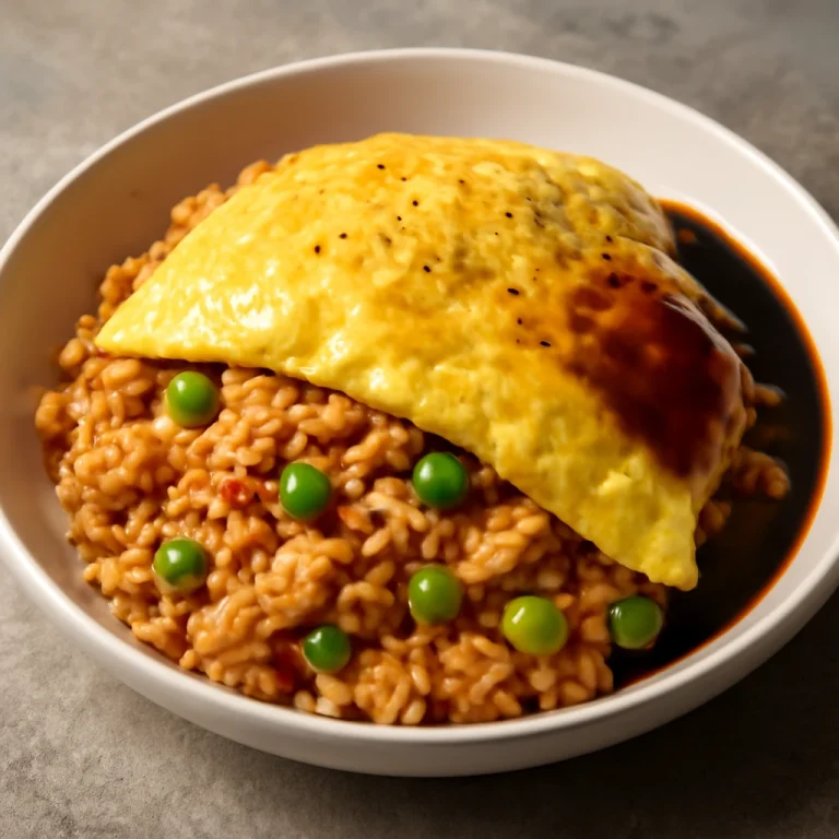 Omurice tál szójaszósz, tojással és zöldségekkel tálalva