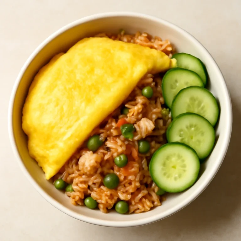 Omurice tál uborkával, tojásos rizses étel