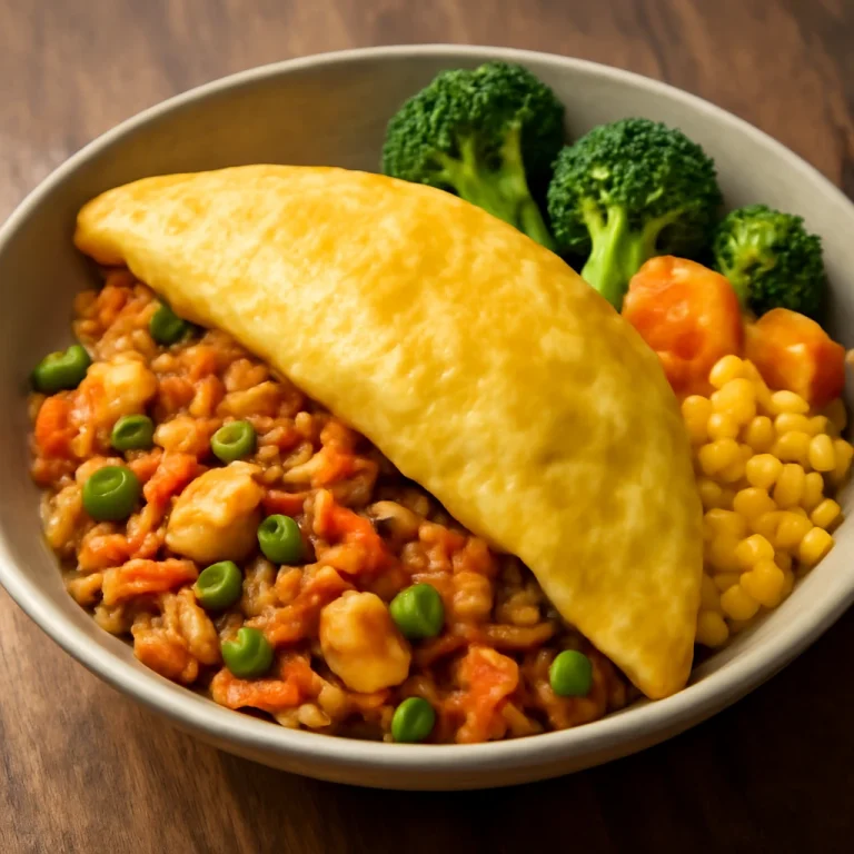 Omurice tál zöldségekkel, tojással és rizses keverékkel