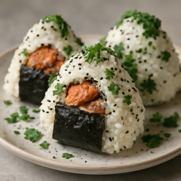 Omusubi lazaccal, friss korianderrel és fekete szezámmaggal