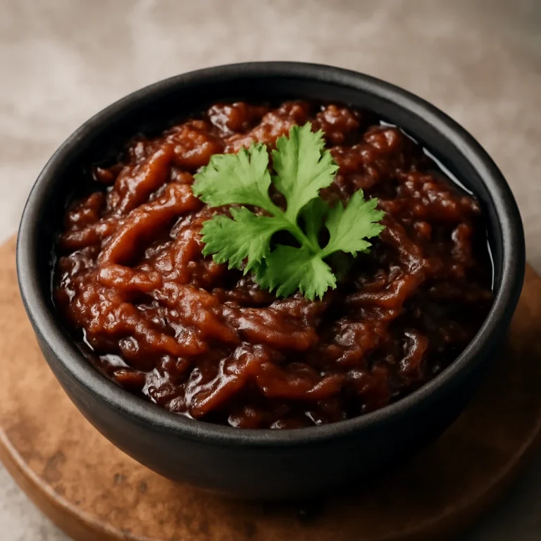 Onion chutney, friss korianderrel díszítve, fűszeres hagyma szósz
