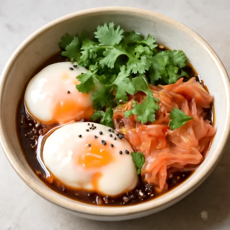Onsen Tamago füstölt lazaccal, friss korianderrel és szójaszószal
