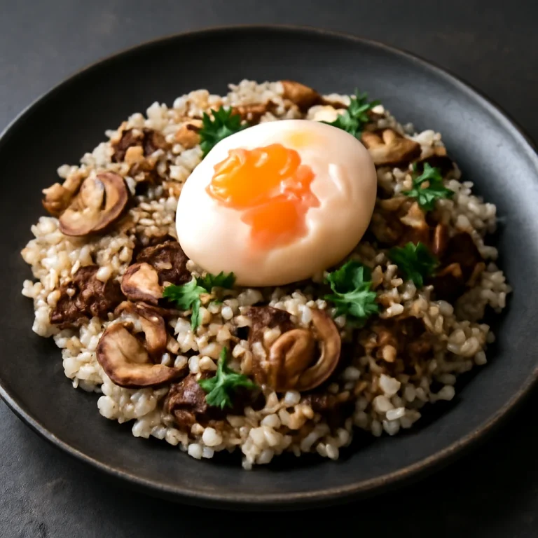 Onsen Tamago gombás rizzsel tálalva