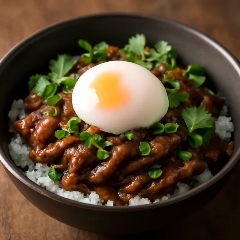 Onsen Tamago pörkölt húsos tálon, friss korianderrel
