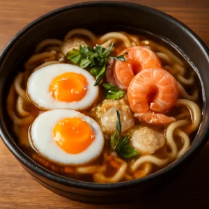 Ínycsiklandó udon leves tojással és garnélával