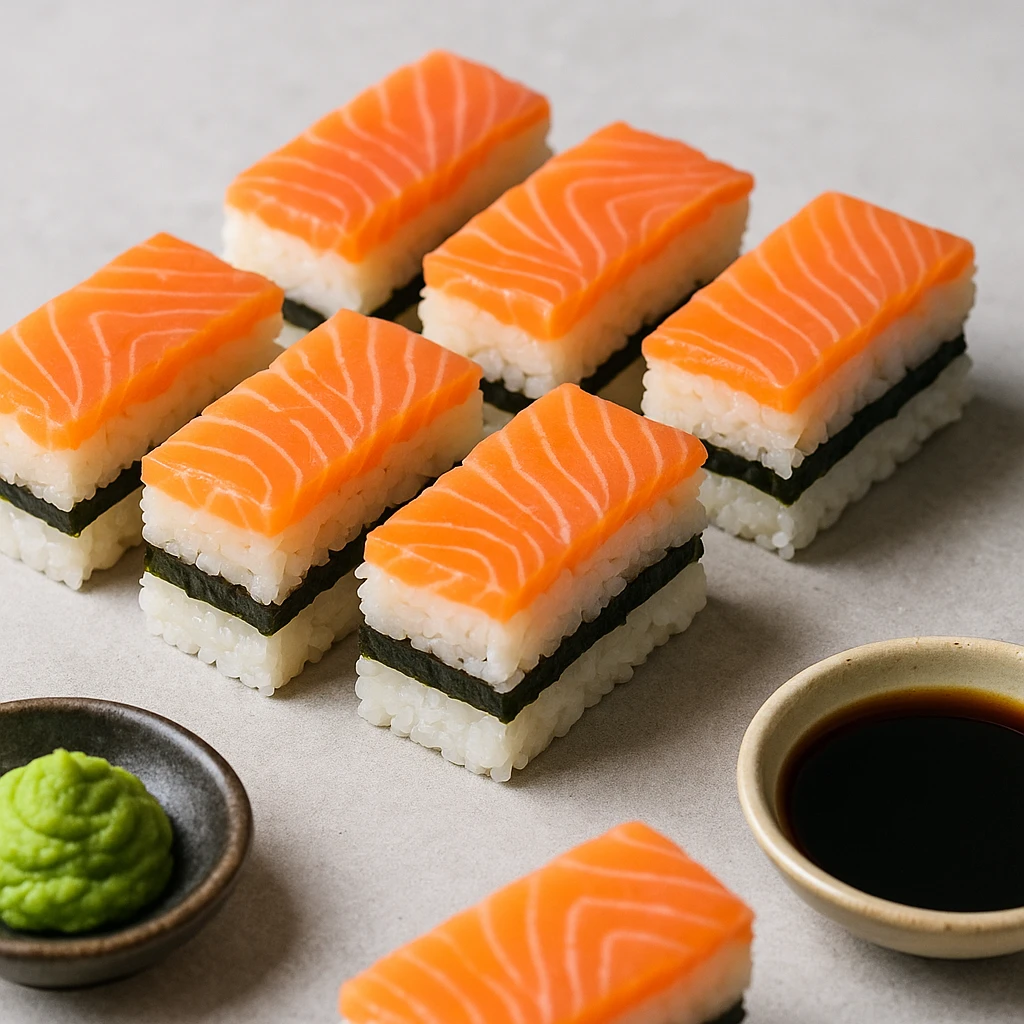 Japán préselt sushi friss lazaccal és nori lappal