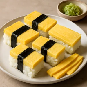 Oshizushi tojásos omlettel, friss sushi ízekkel