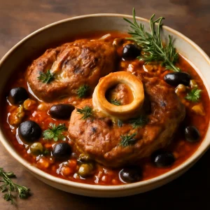 Frissen tálalt osso buco, gazdag paradicsomszószban és olívabogyóval