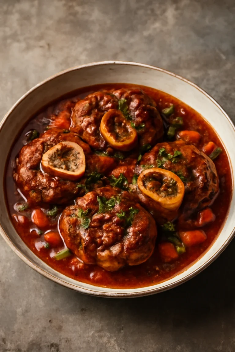 Osso Buco vörösborral, omlós borjúcsontok tálalva gazdag szósszal