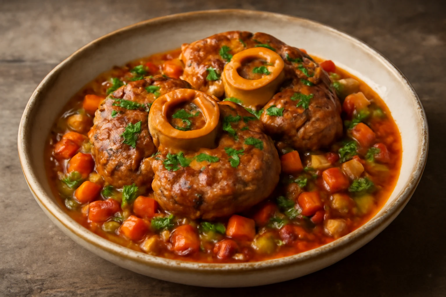 Klasszikus olasz Osso Buco zöldséges raguval
