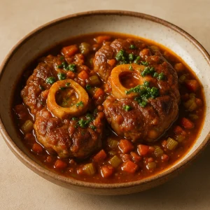 Lassan főtt borjúcsülök sárgarépával, zellerrel és gremolata frissítéssel