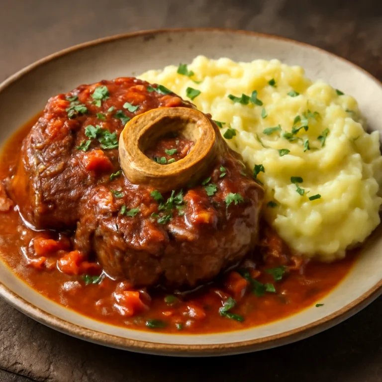 Osso buco tálalva burgonyapürével és friss petrezselyemmel