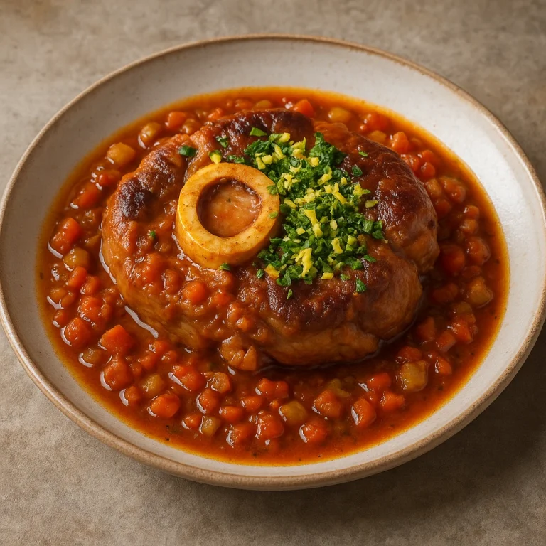 Osso buco citromhéjjal ízesítve, gremolatával tálalva, szaftos borjúcsülök zöldséges mártásban
