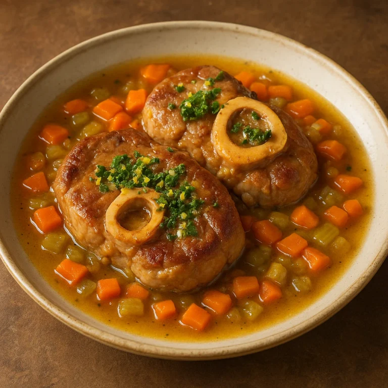 Osso buco fehérborral, sárgarépával, zellerrel és gremolátával tálalva