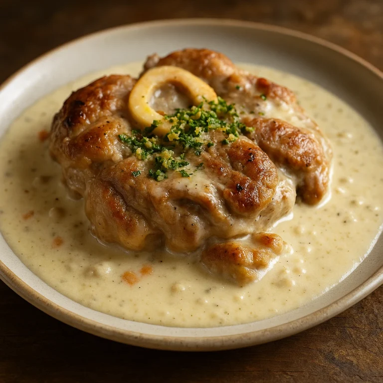 Osso buco fokhagymás szósszal tálalva, puha borjúcsülök világos, krémes mártásban