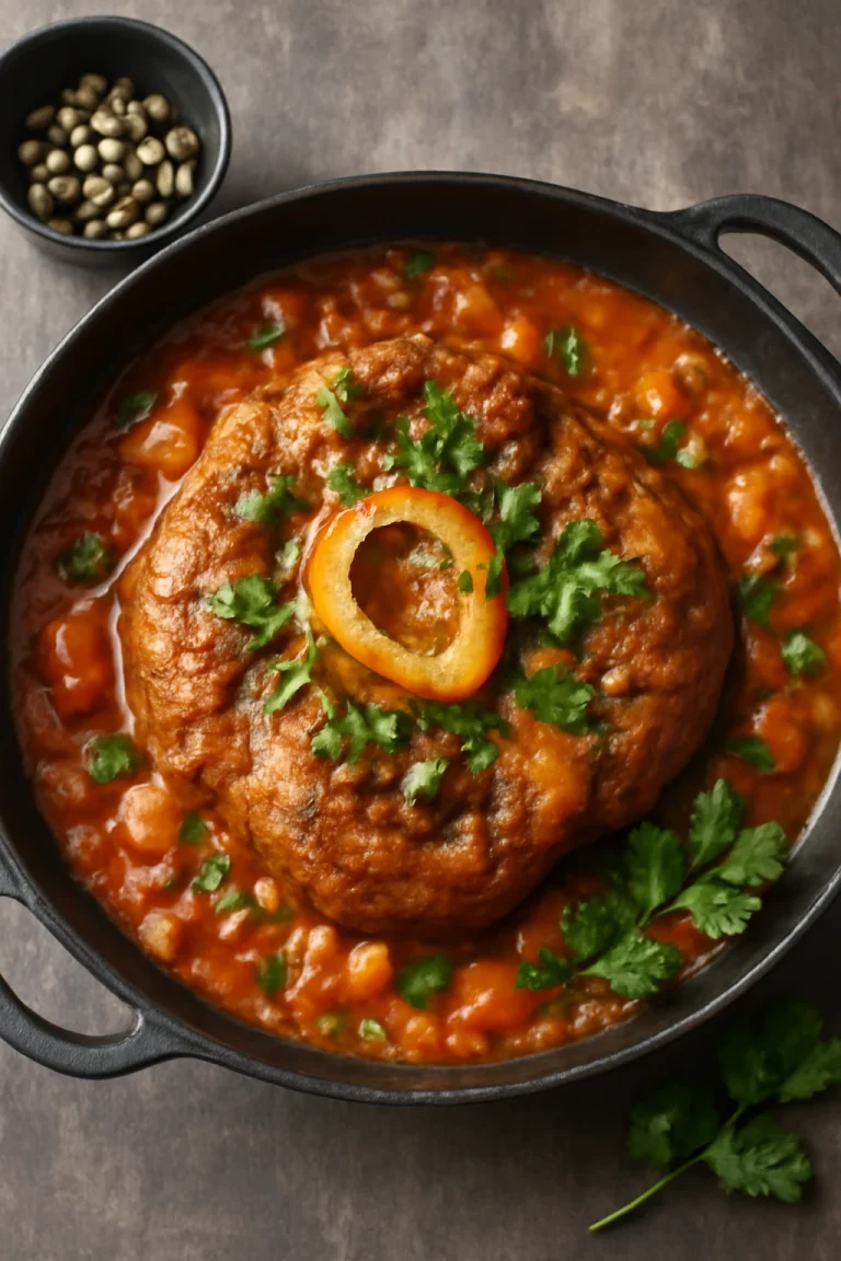 Osso buco kapribogyóval, friss petrezselyemmel és gazdag szafttal tálalva