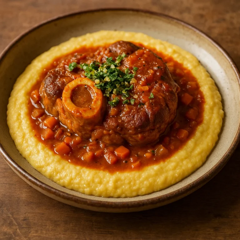 Osso buco polentával tálalva, zöldséges szószban, gremolatával megszórva