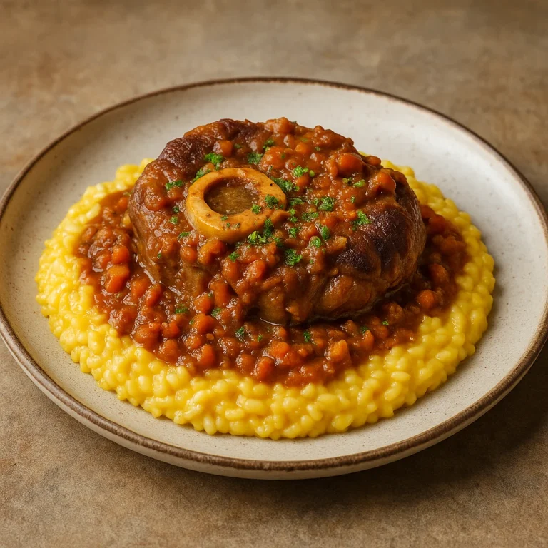 Osso buco rizottóval tálalva, gremolatával megszórva, szaftos borjúcsülök rizottóágyon