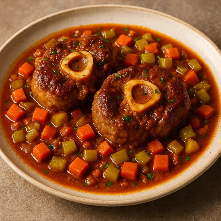 Osso buco sárgarépával és zellerrel, gazdag zöldséges szószban tálalva