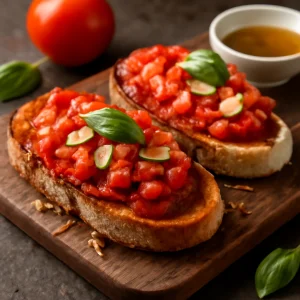 Katalán Pa amb tomàquet, friss paradicsommal, sobrassadával és bazsalikommal